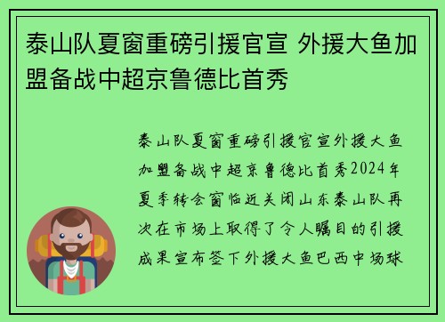 泰山队夏窗重磅引援官宣 外援大鱼加盟备战中超京鲁德比首秀