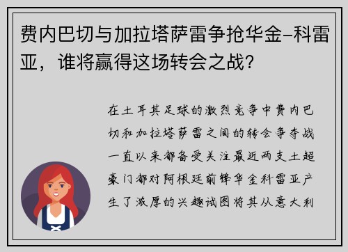 费内巴切与加拉塔萨雷争抢华金-科雷亚，谁将赢得这场转会之战？